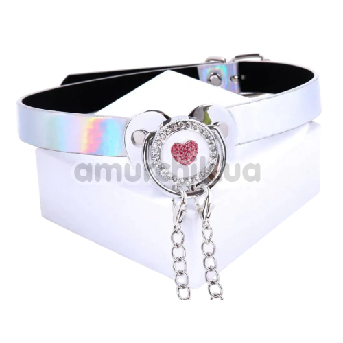 Кляп с зажимами для сосков DS Fetish Pacifier Gag Heart With Nipple Clamps, бело-серебряный