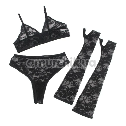 Комплект Star Night Lace Lingerie With Long Gloves, черный: бюстгальтер + трусики + перчатки