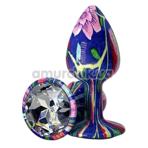 Анальна пробка з прозорим кристалом Alume Floral Metal Plug S, синя