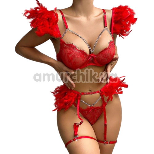 Комплект Star Night Sensual Feather & Chains, красный: бюстгальтер + трусики-стринги + пояс для чулок + гартеры