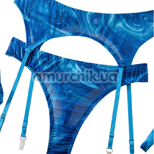 Комплект Star Night Mesh Printed Sexy Bra Set, синий: бюстгальтер + трусики-стринги + пояс для чулок + чулки + перчатки