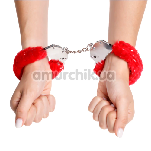 Наручники з червоним хутром Crushious Spangle, срібні