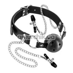 Кляп с зажимами для сосков Fetish Tentation Rigid Gag Ball with Nipple Clamps, черный - Фото №1