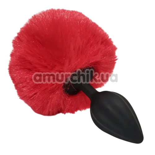 Анальна пробка з прозорим кристалом і червоним хвостиком Alume Silicone Plug With Tail S, чорна