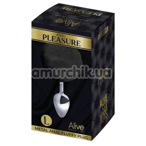 Анальна пробка з чорним хвостиком Alive Anal Pleasure Metal Anal Fluffy Plug L, срібна