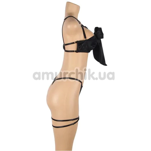 Комплект Star Night Openable Bow Sexy Bra Set, черный: бюстгальтер + трусики-стринги + гартеры