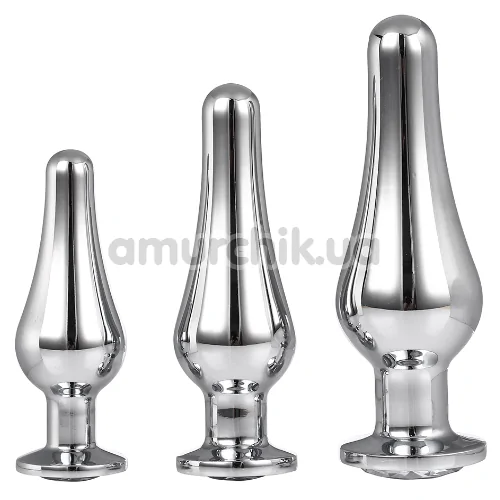 Набір з 3 анальних пробок з прозорим кристалом Gleaming Love Pleasure Plug Set, срібний - Фото №1