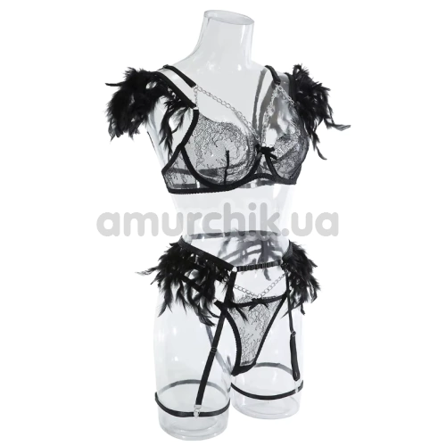 Комплект Star Night Sensual Feather & Chains, черный: бюстгальтер + трусики-стринги + пояс для чулок + гартеры