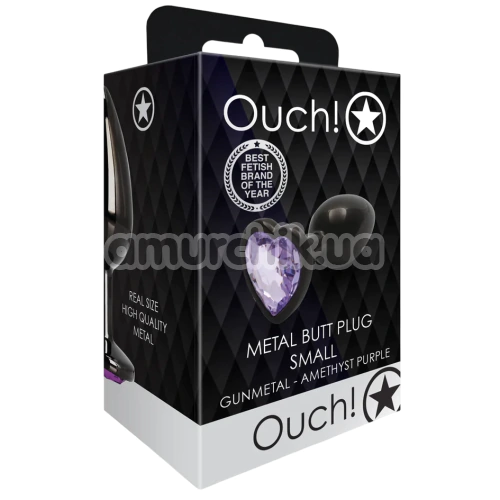Анальна пробка з фіолетовим кристалом Ouch! Heart Metal Butt Plug Small, чорна