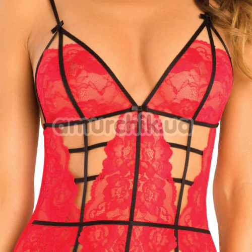 Комплект 2 Piece Caged Lace Chemise & G Set, червоний: пеньюар + трусики-стрінги