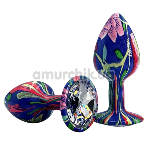 Анальна пробка з прозорим кристалом Alume Floral Metal Plug S, синя