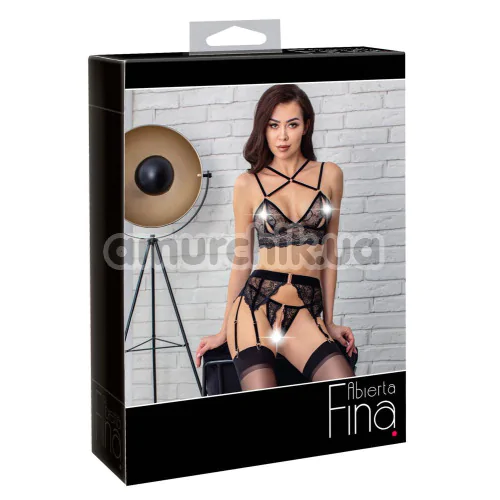 Комплект Abierta Fina Suspender Set чорний: бюстгальтер + пояс для панчіх + трусики-стрінги