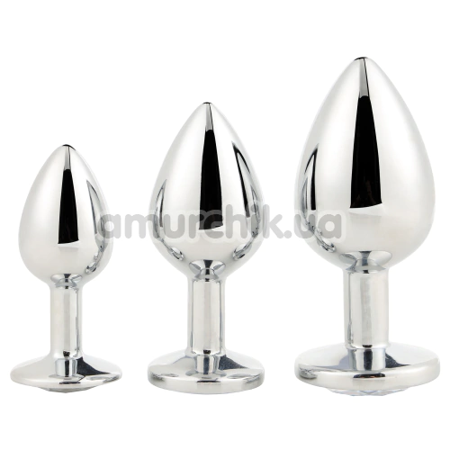 Набір із 3 анальних пробок з прозорим кристалом Gleaming Love Silver Plug Set, срібний