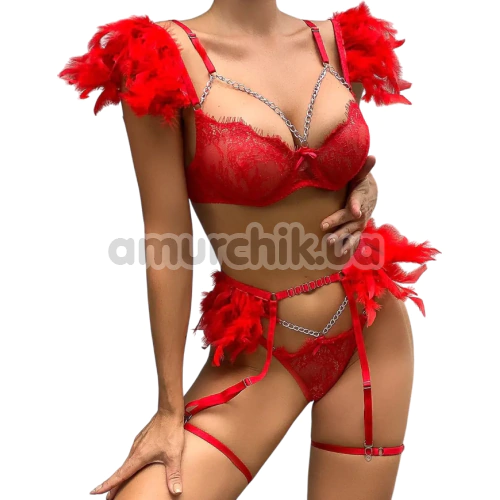 Комплект Star Night Sensual Feather & Chains, красный: бюстгальтер + трусики-стринги + пояс для чулок + гартеры