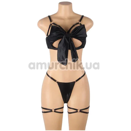 Комплект Star Night Openable Bow Sexy Bra Set, черный: бюстгальтер + трусики-стринги + гартеры