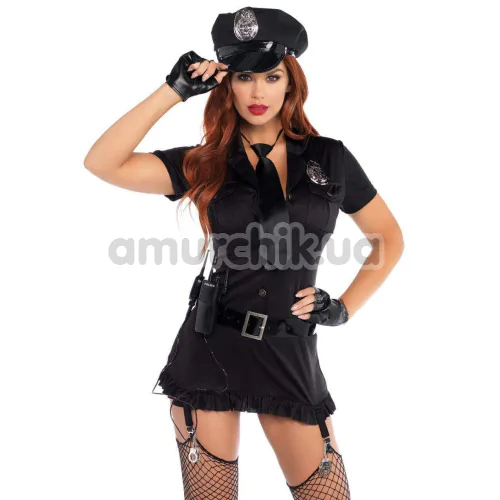 Костюм полицейской Leg Avenue Dirty Cop черный: платье + фуражка + пояс + перчатки + галстук + рация - Фото №1