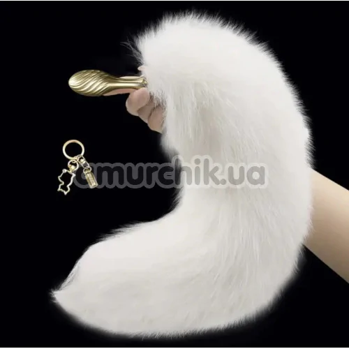 Анальная пробка с белым хвостиком Lockink Sevanda White Fox-Tail Anal Plug Pear, золотая