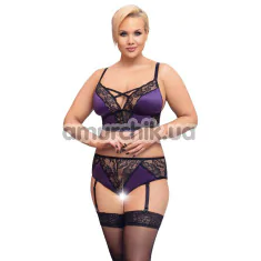 Комплект Cottelli Curves Set, черно-фиолетовый: бюстгальтер + трусики с подвязками для чулок - Фото №1