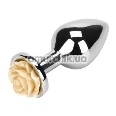Анальная пробка с бежевой розочкой Loveshop Flower, серебряная - Фото №1