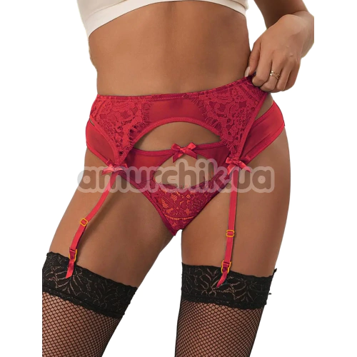 Комплект Star Night Sheer & Lace Bow Garter Belt, червоний: пояс для панчіх + трусики - Фото №1