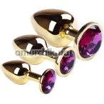Набір з 3 анальних пробок з рожевим кристалом SWAROVSKI Gold Amethyst, золотий - Фото №1
