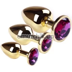 Набір з 3 анальних пробок з рожевим кристалом SWAROVSKI Gold Amethyst, золотий - Фото №1