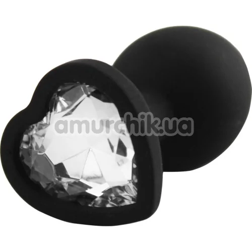 Анальна пробка з прозорим кристалом Silicone Jewelled Butt Plug Heart Small, чорна - Фото №1