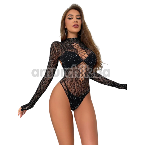 Боді Star Night Leopard Mesh Rhinestone Bodysuit, чорне