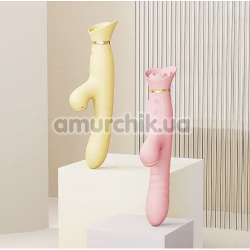 Вибратор с вакуумным стимулятором и толчками Zalo Rose Rabbit Thruster, желтый