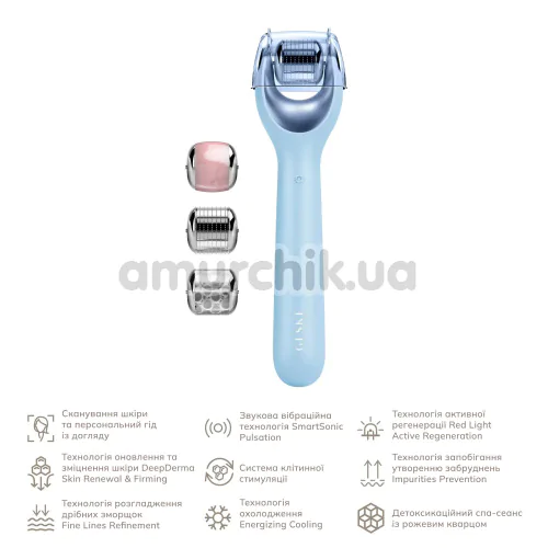Массажер-роллер для лица с микроиглами Geske MicroNeedle Face Roller 9 in 1, голубой