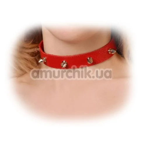 Шкіряний нашийник з короткими шипами, червоний