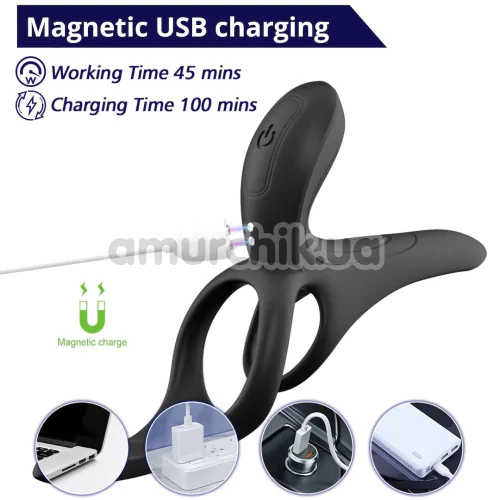 Насадка на пенис с вибрацией Men's Play Vibrating Cock Ring With Clitoral & Taint Stimulation B11, черная