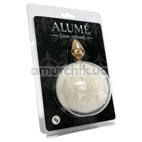 Анальна пробка з білим хвостиком Alume Metal Plug With Tail S, золота