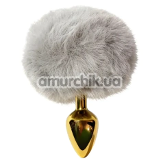 Анальная пробка с серым хвостиком Alume Metal Plug With Tail S, золотая - Фото №1