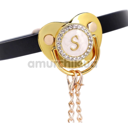 Кляп с зажимами для сосков DS Fetish Pacifier Gag With Nipple Clamps, черно-золотой