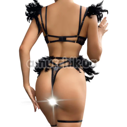 Комплект Star Night Sensual Feather & Chains, черный: бюстгальтер + трусики-стринги + пояс для чулок + гартеры