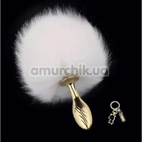 Анальная пробка с белым хвостиком Lockink Sevanda White Bunny Tail Anal Plug Pear, золотая