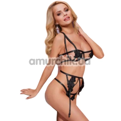 Комплект Star Night Summer Garden Lingerie Set, черный: бюстгальтер + трусики-стринги + пояс для чулок - Фото №1