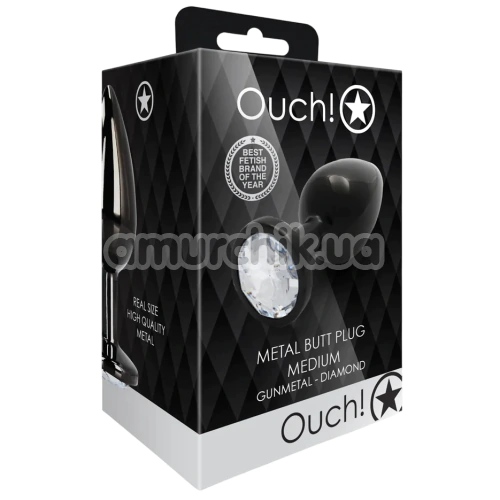 Анальная пробка с прозрачным кристаллом Ouch! Metal Butt Plug Medium, черная