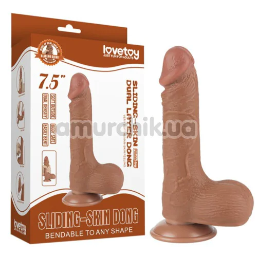 Фаллоимитатор Sliding-Skin Dual Layer Dong 7.5 с мошонкой, светло-коричневый