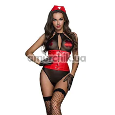 Костюм медсестры JSY Sexy Lingerie 7911, красный: боди + головной убор + чулки + перчатки + наклейки на соски - Фото №1