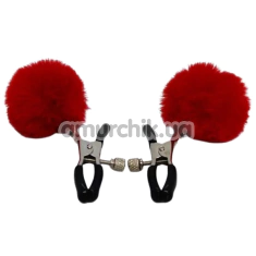 Затискачі для сосків з помпонами DS Fetish Metal Nipple Clamps, червоні - Фото №1