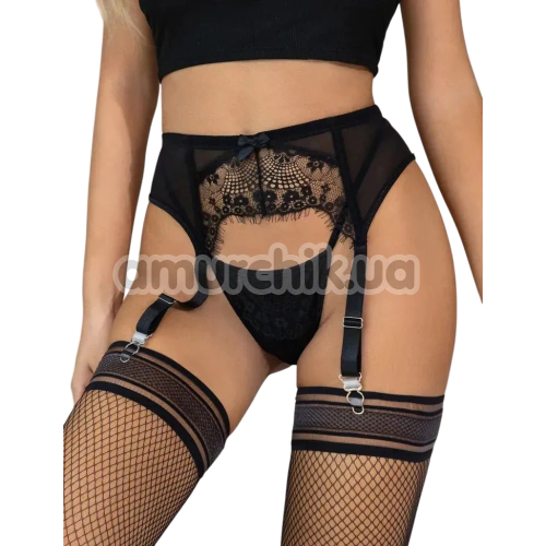 Комплект Star Night Sexy Eyelash Lace Set, черный: трусики-стринги + пояс для чулок