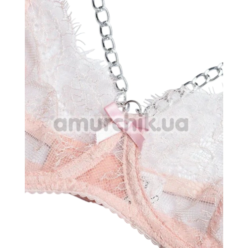 Комплект Star Night Sensual Feather & Chains, розовый: бюстгальтер + трусики-стринги + пояс для чулок + гартеры