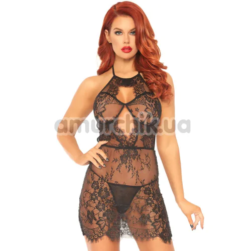 Комплект Leg Avenue Dress With Scalloped Lace And String, чорний: пеньюар + трусики-стрінги - Фото №1