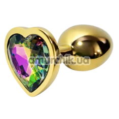 Анальная пробка с радужным кристаллом Alume Metal Heart Plug M, золотая - Фото №1