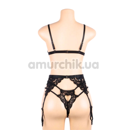 Комплект Star Night Lacie Heart Set, чорний: бюстгальтер + трусики-стрінги + пояс для панчіх