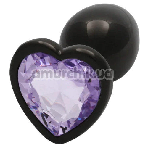 Анальна пробка з фіолетовим кристалом Ouch! Heart Metal Butt Plug Small, чорна
