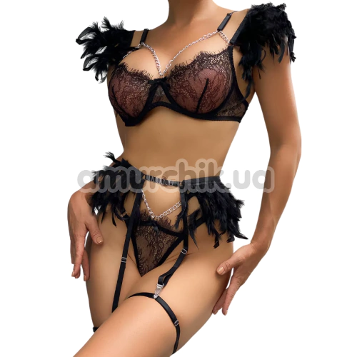 Комплект Star Night Sensual Feather & Chains, черный: бюстгальтер + трусики-стринги + пояс для чулок + гартеры