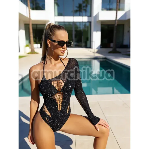 Боди Star Night One Shoulder Sparkle Rhinestone Bodysuit, черное